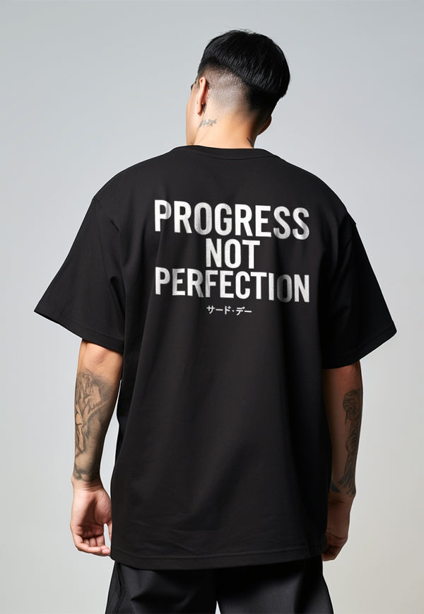 MTT23 Kaos Oversize Gym Bahan Scuba Tebal Scubalux "progress not perfection" hitam