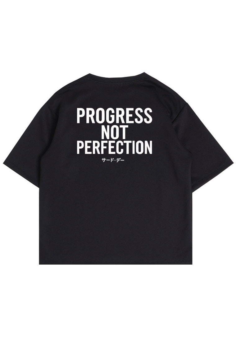 MTT23 Kaos Oversize Gym Bahan Scuba Tebal Scubalux "progress not perfection" hitam