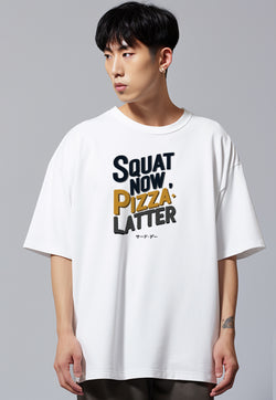 MTT40 Kaos Oversize Gym Scuba Bahan Tebal "squat now pizza later" putih