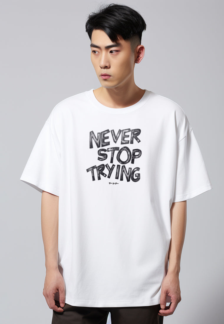 MTT44 Kaos Oversize Gym Scuba Bahan Tebal "never stop trying" putih white