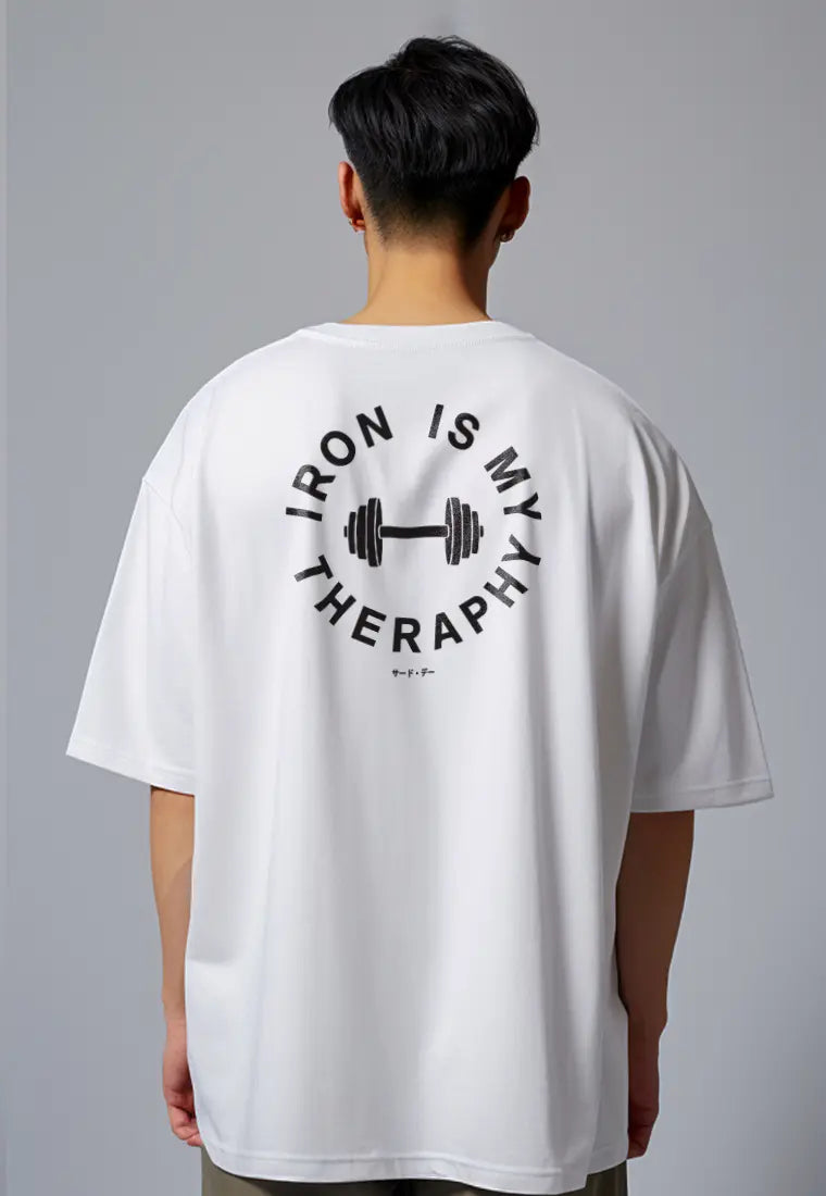 MTT49 Kaos Oversize Gym Bahan Scuba Tebal Scubalux "iron is my theraphy" putih