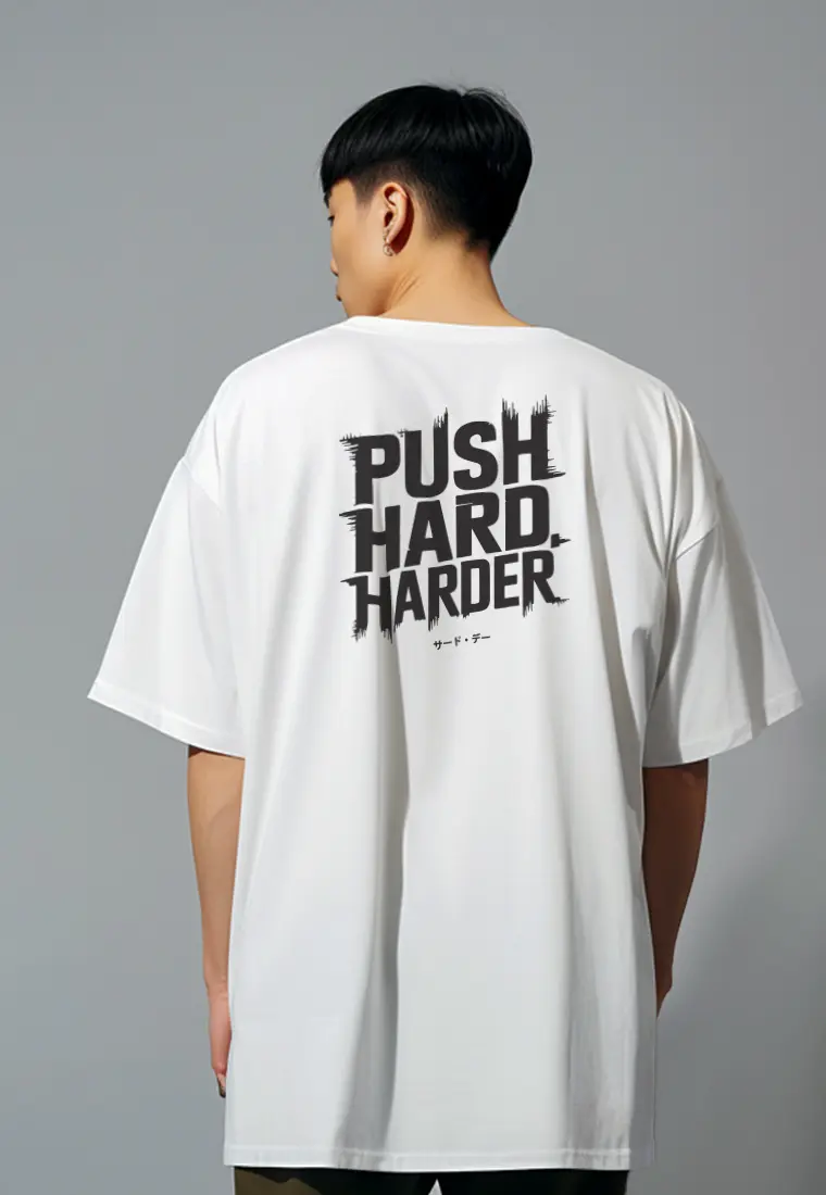 MTT55 Kaos Oversize Gym Scuba Bahan Tebal "push hard harder" putih