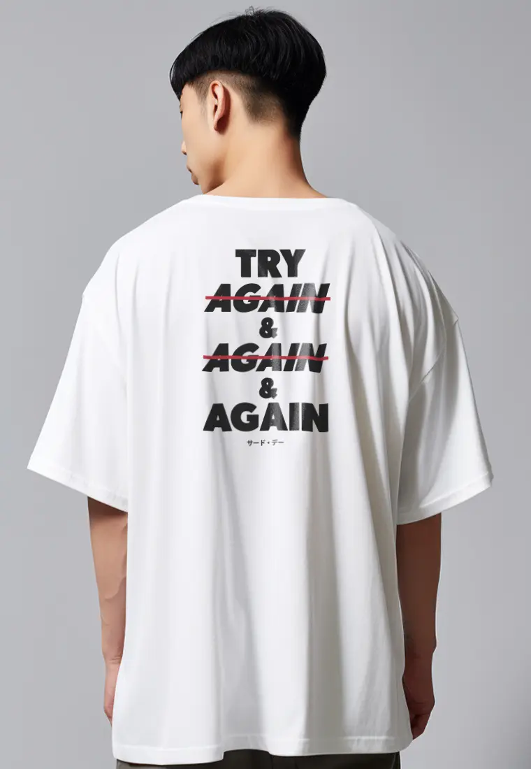 MTT57 Kaos Oversize Gym Scuba Bahan Tebal "try again and again" putih