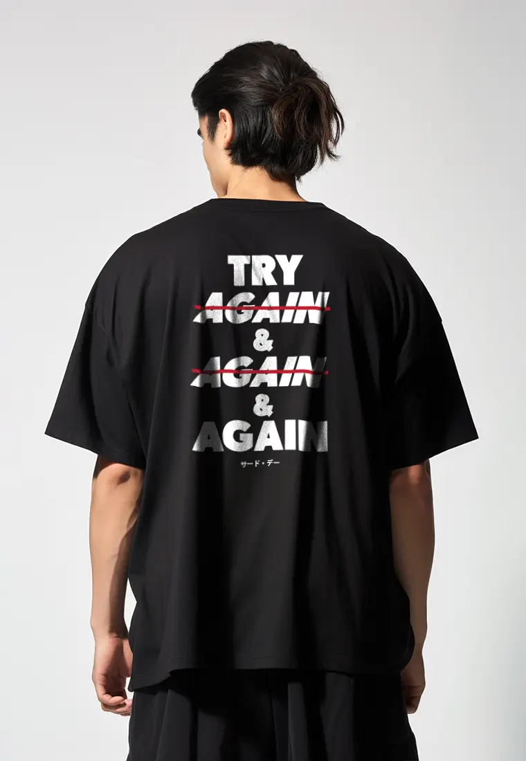 MTT59 Kaos Oversize Gym Scuba Bahan Tebal "try again and again" hitam