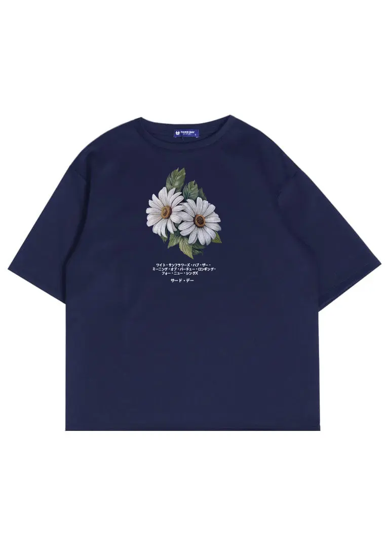 MTT60 Kaos gambar bunga oversize scuba "two daisies" navy