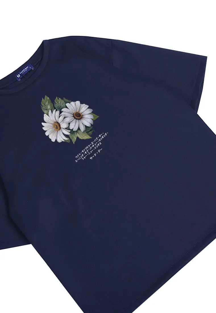 MTT60 Kaos gambar bunga oversize scuba "two daisies" navy