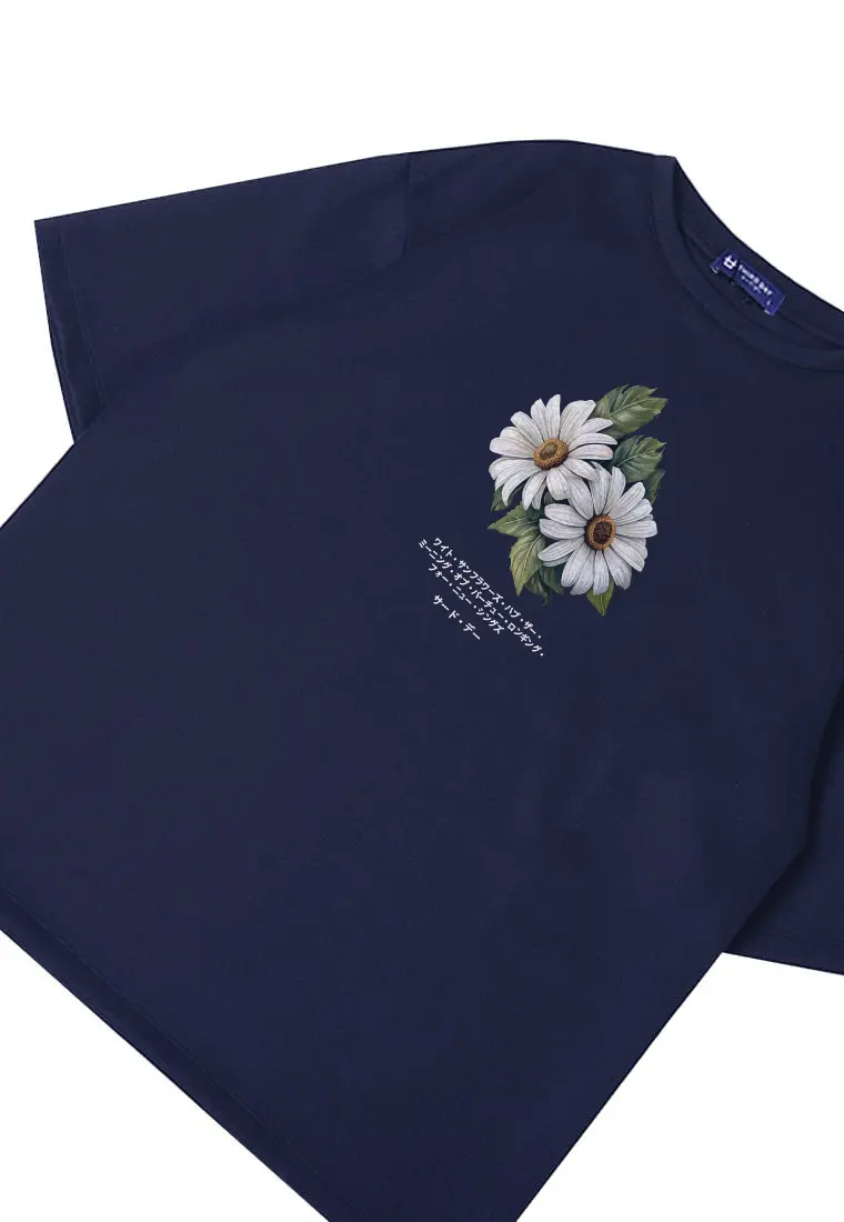 MTT60 Kaos gambar bunga oversize scuba "two daisies" navy