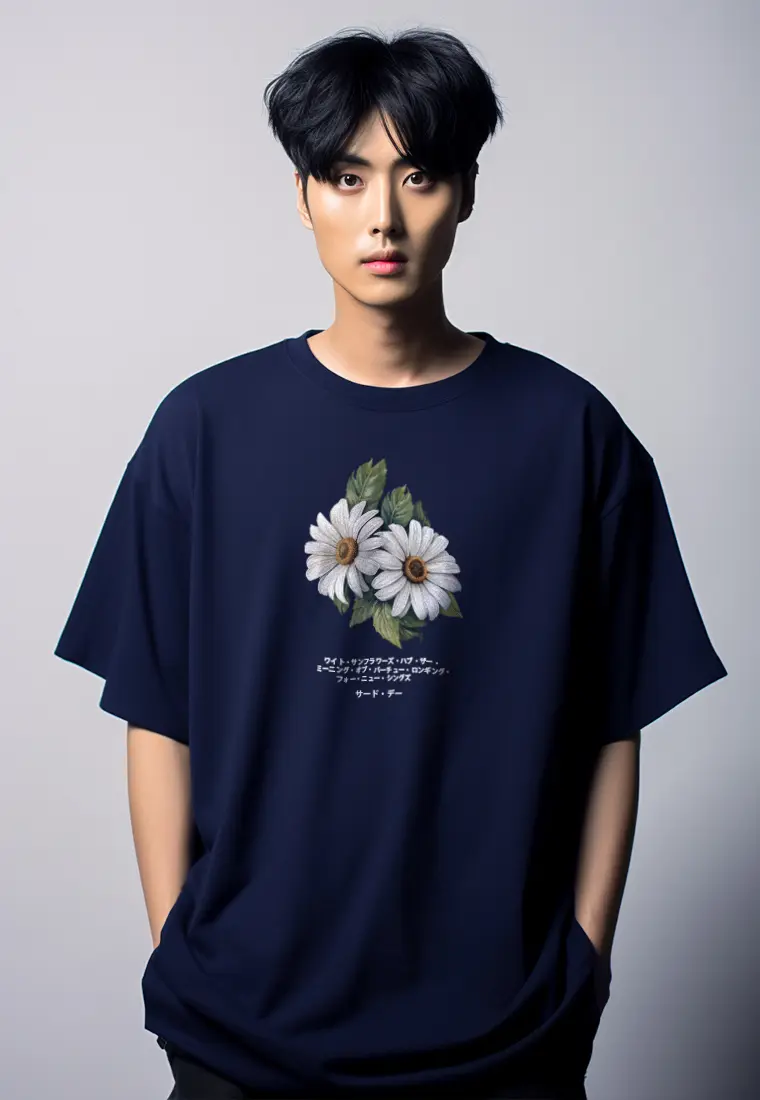 MTT60 Kaos gambar bunga oversize scuba "two daisies" navy