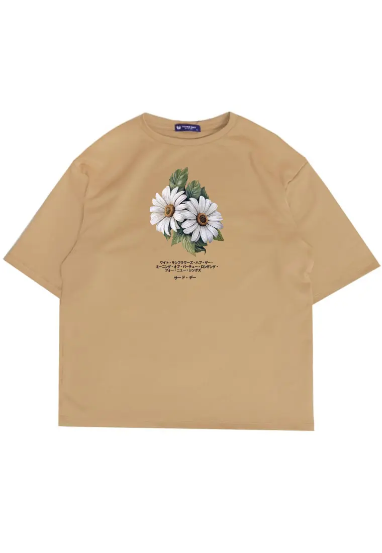 MTT61 Kaos gambar bunga oversize scuba "two daisies" khaki