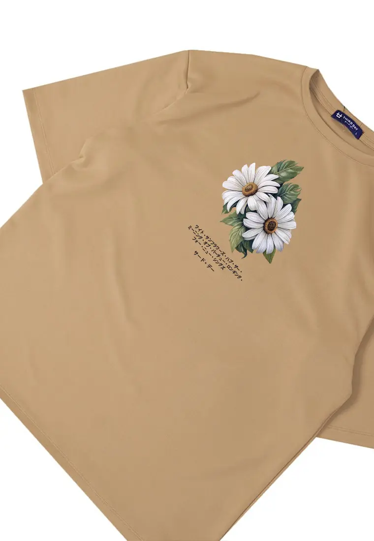 MTT61 Kaos gambar bunga oversize scuba "two daisies" khaki