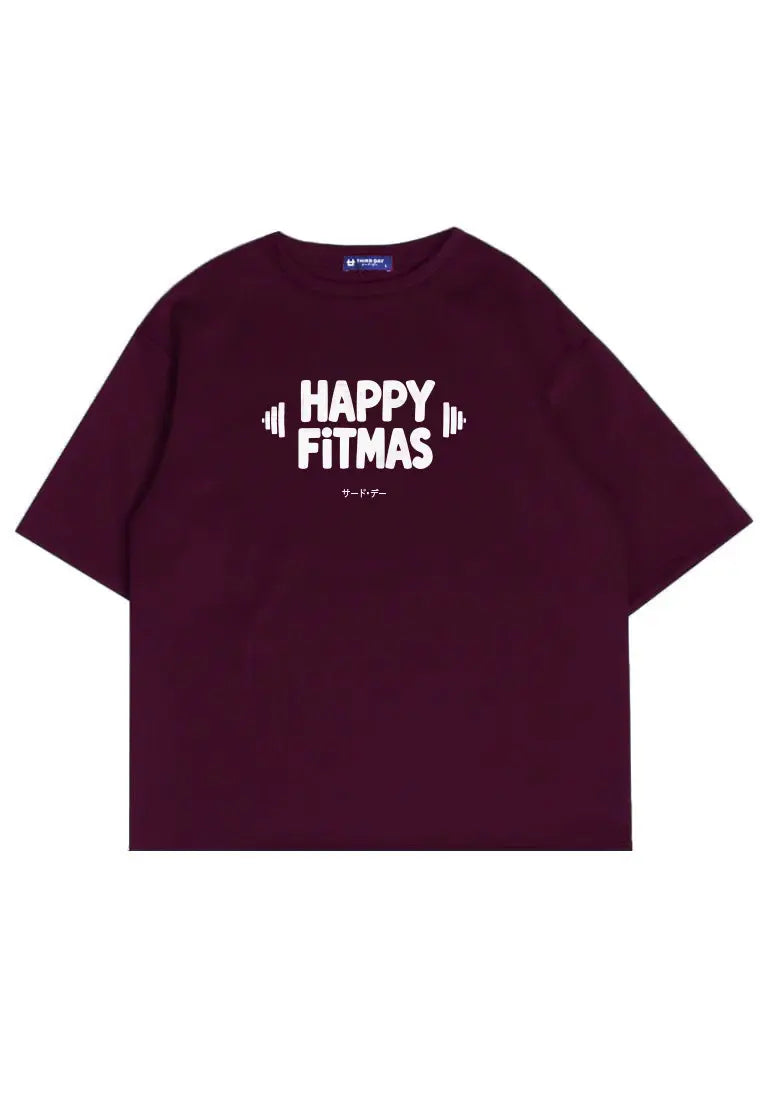 MTT64 kaos gym oversize pria natal bahan tebal scubalux "happy fitmas" burgundy merah