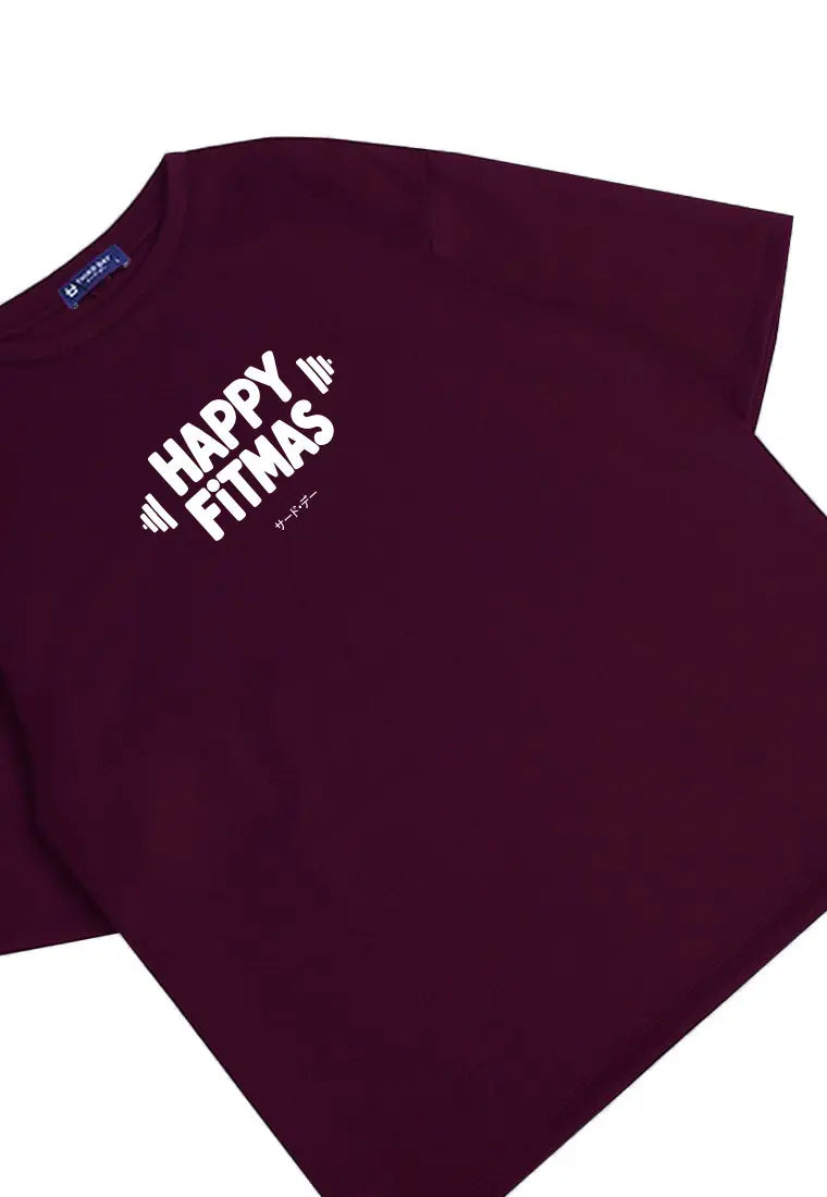 MTT64 kaos gym oversize pria natal bahan tebal scubalux "happy fitmas" burgundy merah