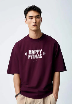 MTT64 kaos gym oversize pria natal bahan tebal scubalux "happy fitmas" burgundy merah