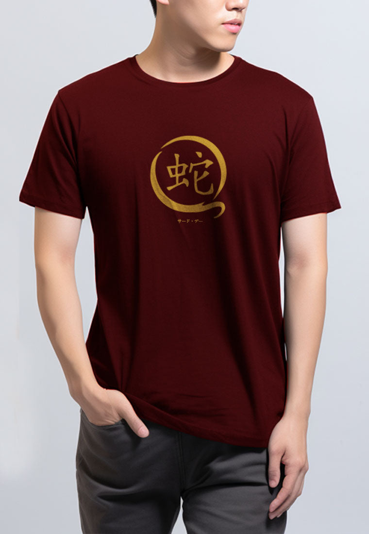 MTT76 Kaos Imlek 2024 tangan pendek pria "snake in chinese" merah maroon