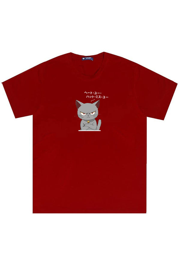 MTU13 Kaos Gambar Kucing Pria "cat quote" instacool lengan pendek maroon