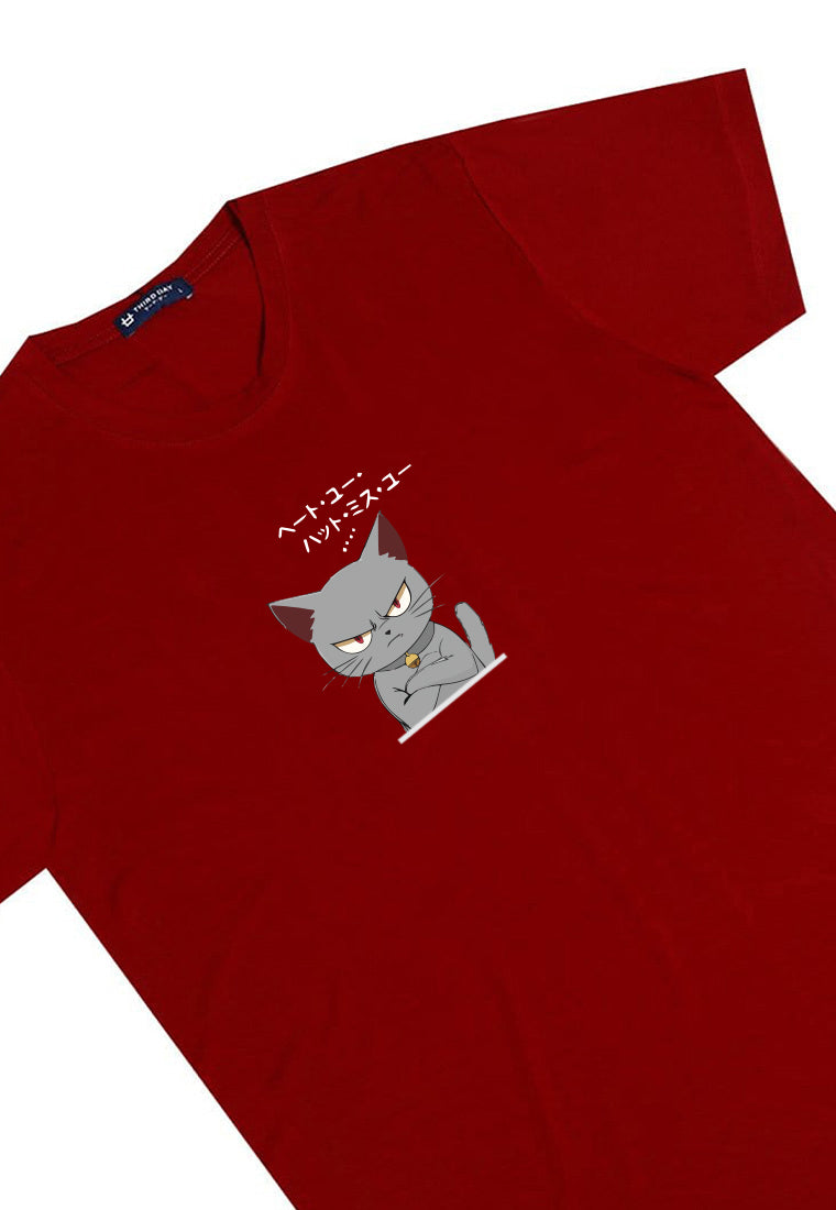 MTU13 Kaos Gambar Kucing Pria "cat quote" instacool lengan pendek maroon