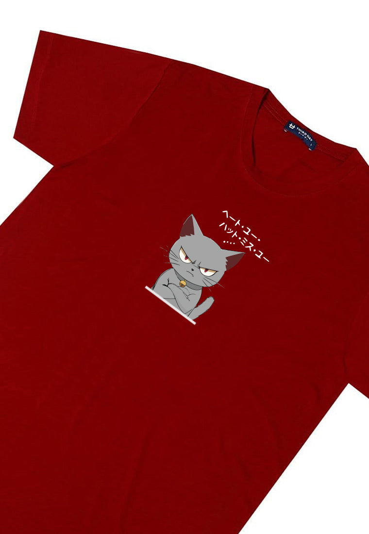 MTU13 Kaos Gambar Kucing Pria "cat quote" instacool lengan pendek maroon