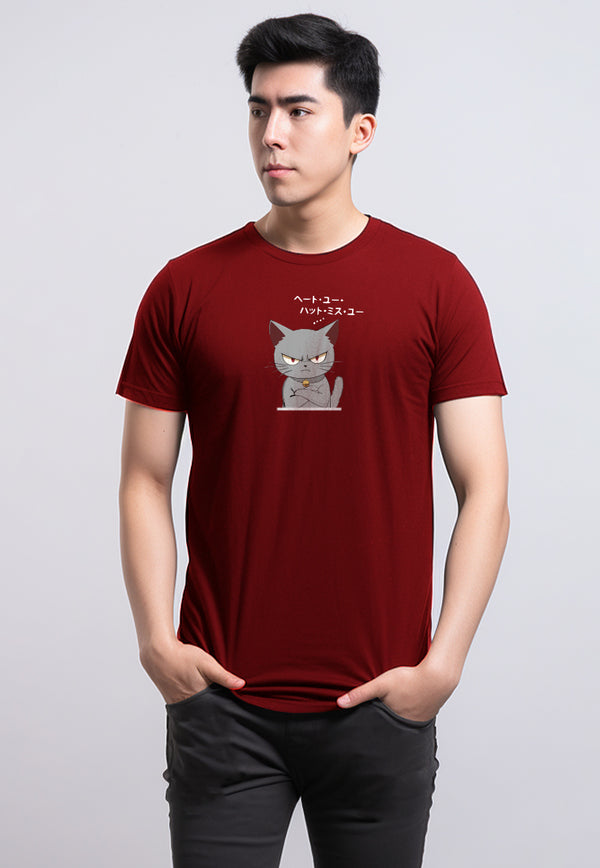 MTU13 Kaos Gambar Kucing Pria "cat quote" instacool lengan pendek maroon