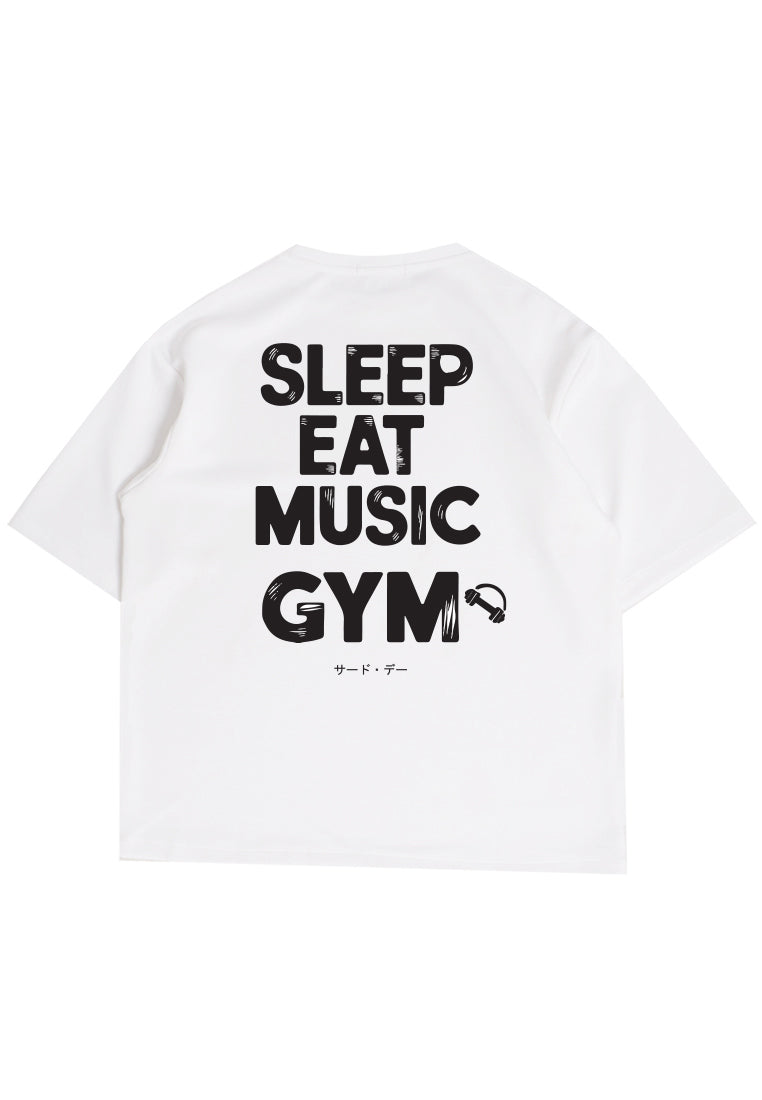 MTU44 Kaos Oversize Gym Bahan Tebal Scuba "sleep eat music gym" putih