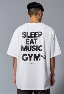 MTU44 Kaos Oversize Gym Bahan Tebal Scuba "sleep eat music gym" putih