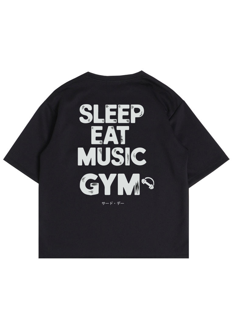 MTU45 Kaos Oversize Gym Bahan Tebal Scuba "sleep eat music gym" hitam