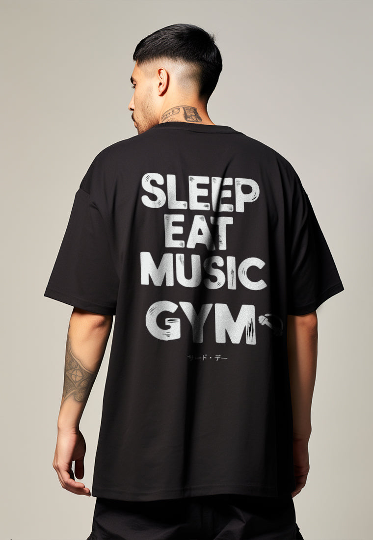 MTU45 Kaos Oversize Gym Bahan Tebal Scuba "sleep eat music gym" hitam