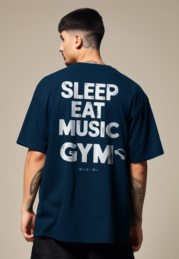 MTU46 Kaos Oversize Gym Bahan Tebal Scuba "sleep eat music gym" navy