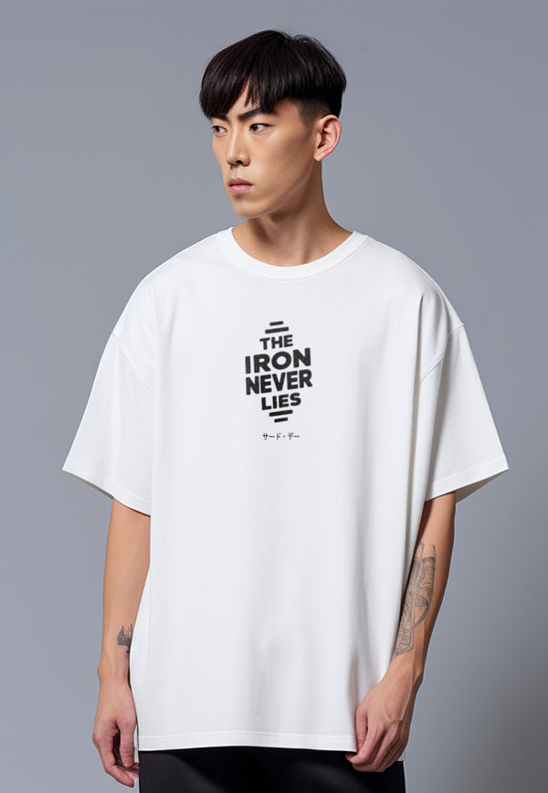 MTU67 Kaos Oversize Gym Bahan Scuba "iron never lies" putih