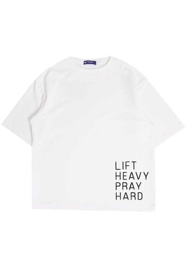 MTU82 Kaos Oversize Gym Scuba Bahan Tebal "lift heavy pray hard" putih