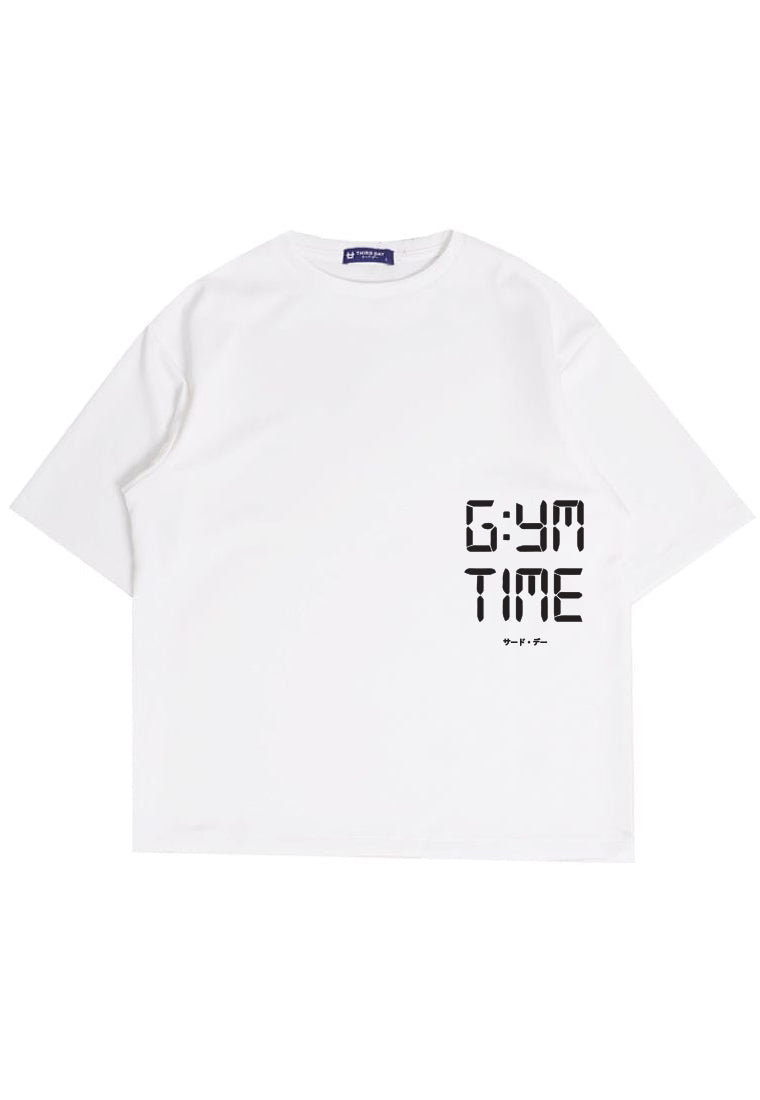 MTU93 Kaos Oversize Gym Bahan Scuba Tebal "gym time" putih