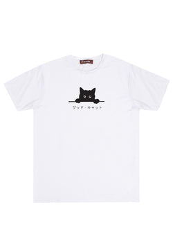 NTD71 kaos gambar kucing lengan pendek anti kusut ringan stretch "black cat peek" putih