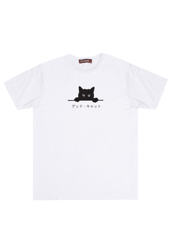 NTD71 kaos gambar kucing lengan pendek anti kusut ringan stretch "black cat peek" putih