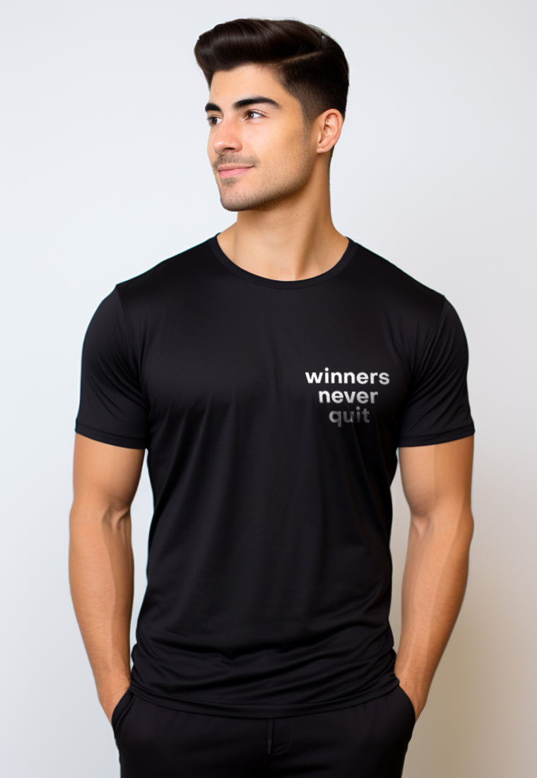 NTD72 kaos slim fit pria anti kusut lengan pendek "winners never quit" hitam