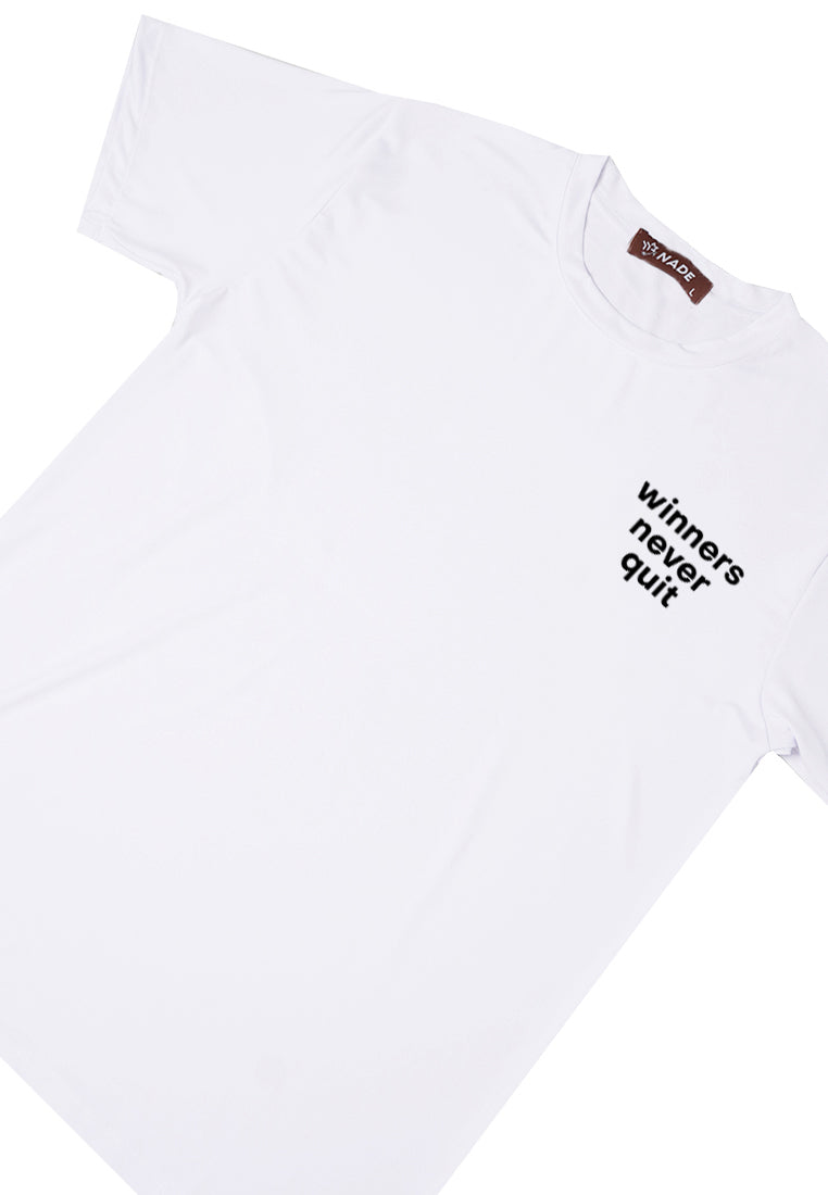 NTD73 kaos slim fit pria anti kusut lengan pendek "winners never quit" putih