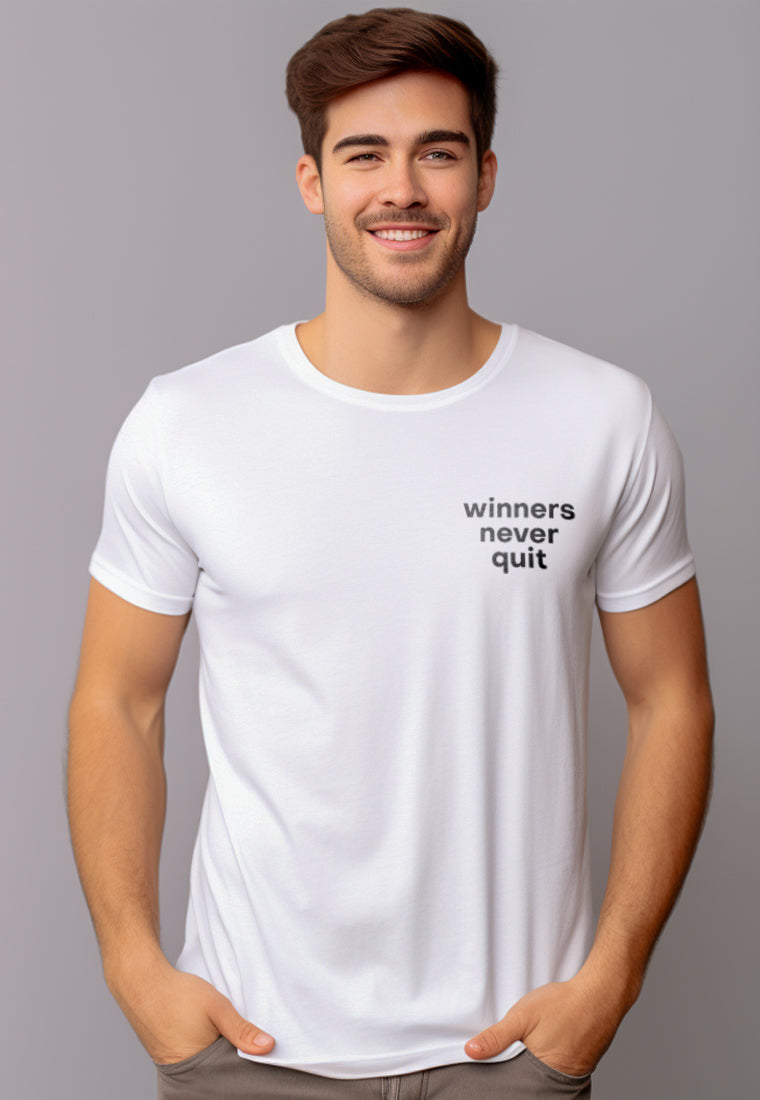 NTD73 kaos slim fit pria anti kusut lengan pendek "winners never quit" putih