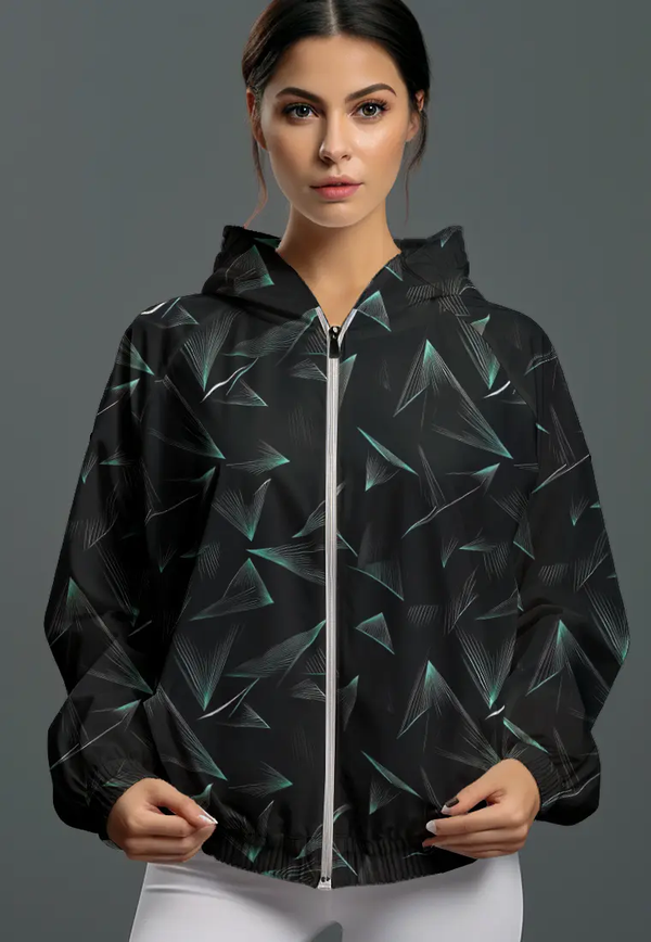 LSC92 jaket lari wanita parasut motif "triangle geometry" hitam multicolor