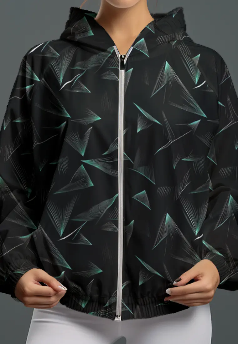 LSC92 jaket lari wanita parasut motif "triangle geometry" hitam multicolor