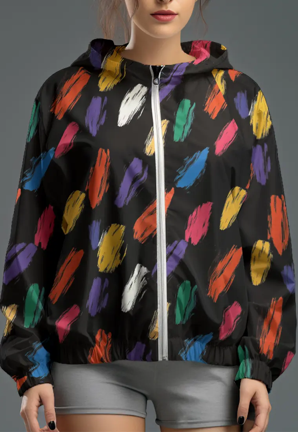 LSC93 jaket lari wanita parasut motif "colorful brush" hitam multicolor