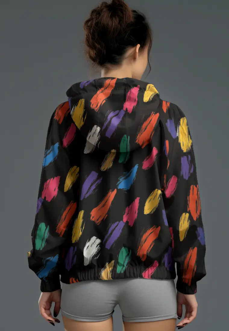 LSC93 jaket lari wanita parasut motif "colorful brush" hitam multicolor