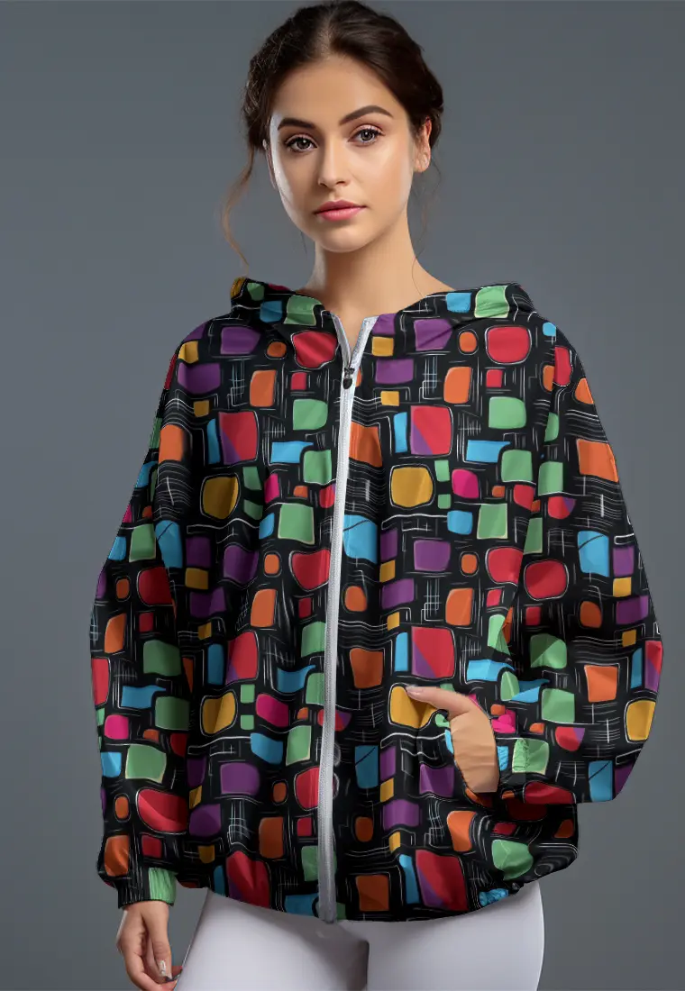 LSC94 jaket lari wanita parasut motif "square stones" hitam multicolor