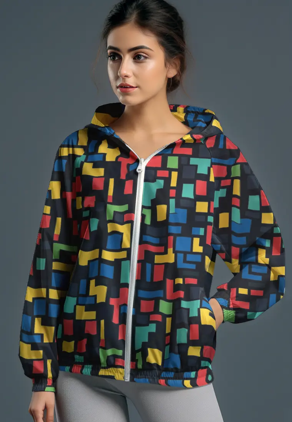 LSC95 jaket lari wanita parasut motif "tetris colorful" hitam multicolor