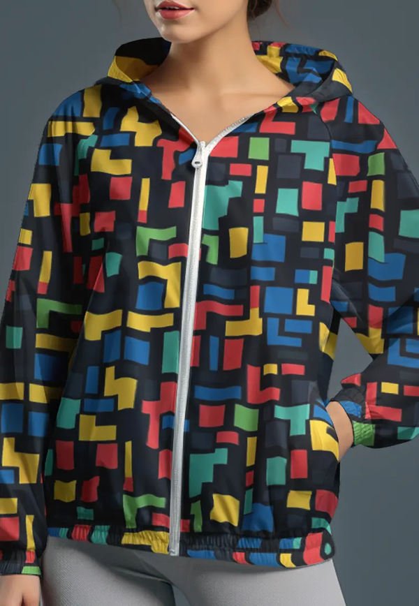 LSC95 jaket lari wanita parasut motif "tetris colorful" hitam multicolor