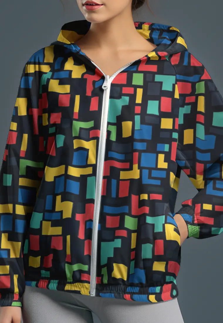 LSC95 jaket lari wanita parasut motif "tetris colorful" hitam multicolor