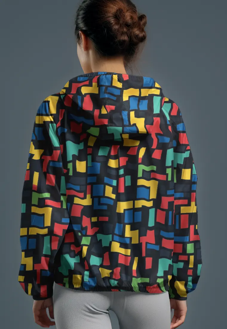 LSC95 jaket lari wanita parasut motif "tetris colorful" hitam multicolor