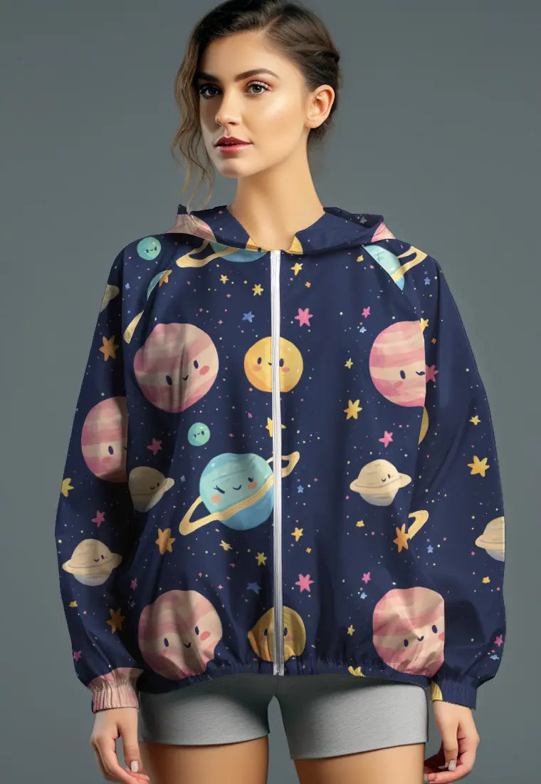 LSC98 jaket lari wanita parasut motif "planets space" biru multicolor