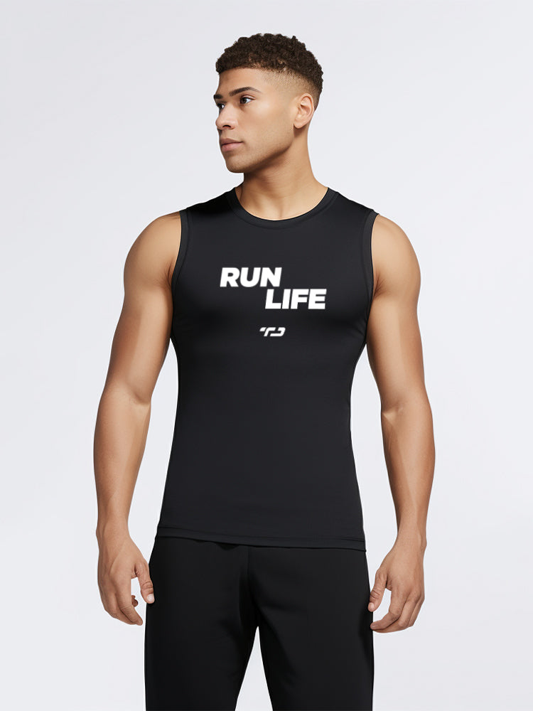 MSA05 kaos running lari pria kutung sleeveless tanktop 4way stretch nanoamid "run life" hitam