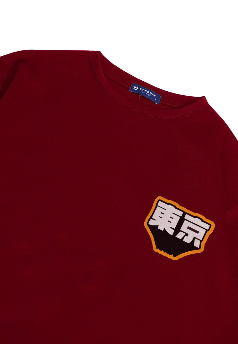 MTQ32 t shirt oversize pakaian oversized bahan tebal pria distro tulisan jepang "tokyo flat dakir" maroon