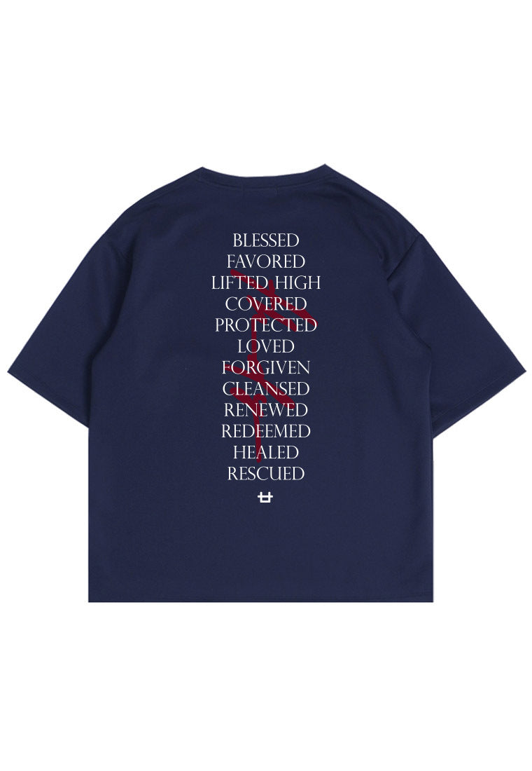 MTP57 kaos rohani oversize bahan tebal scuba "blessed favored lifted high" navy