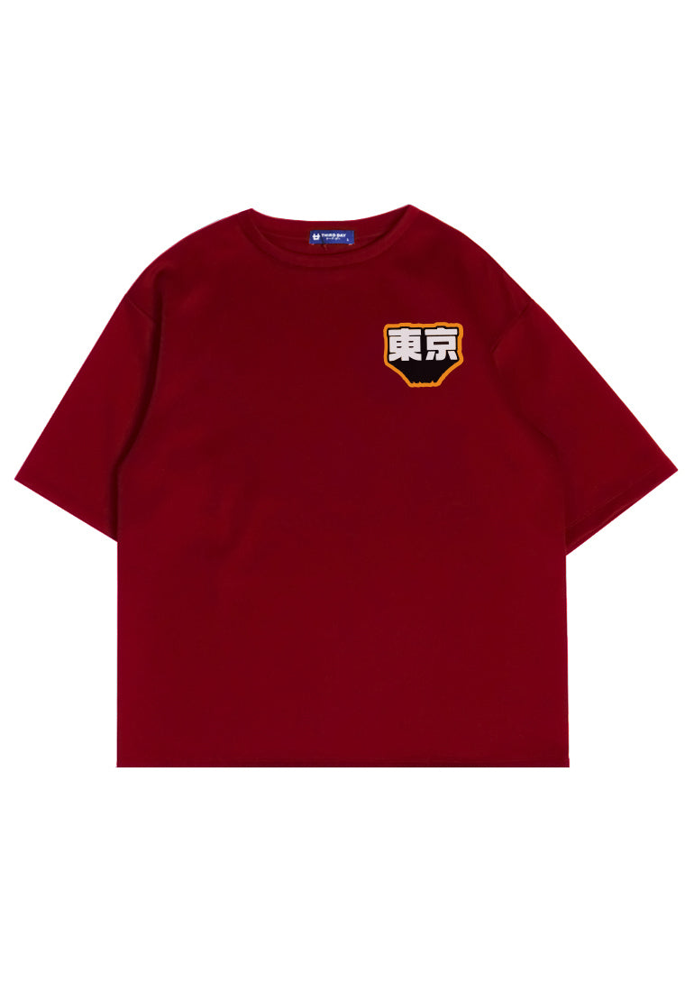 MTQ32 t shirt oversize pakaian oversized bahan tebal pria distro tulisan jepang "tokyo flat dakir" maroon