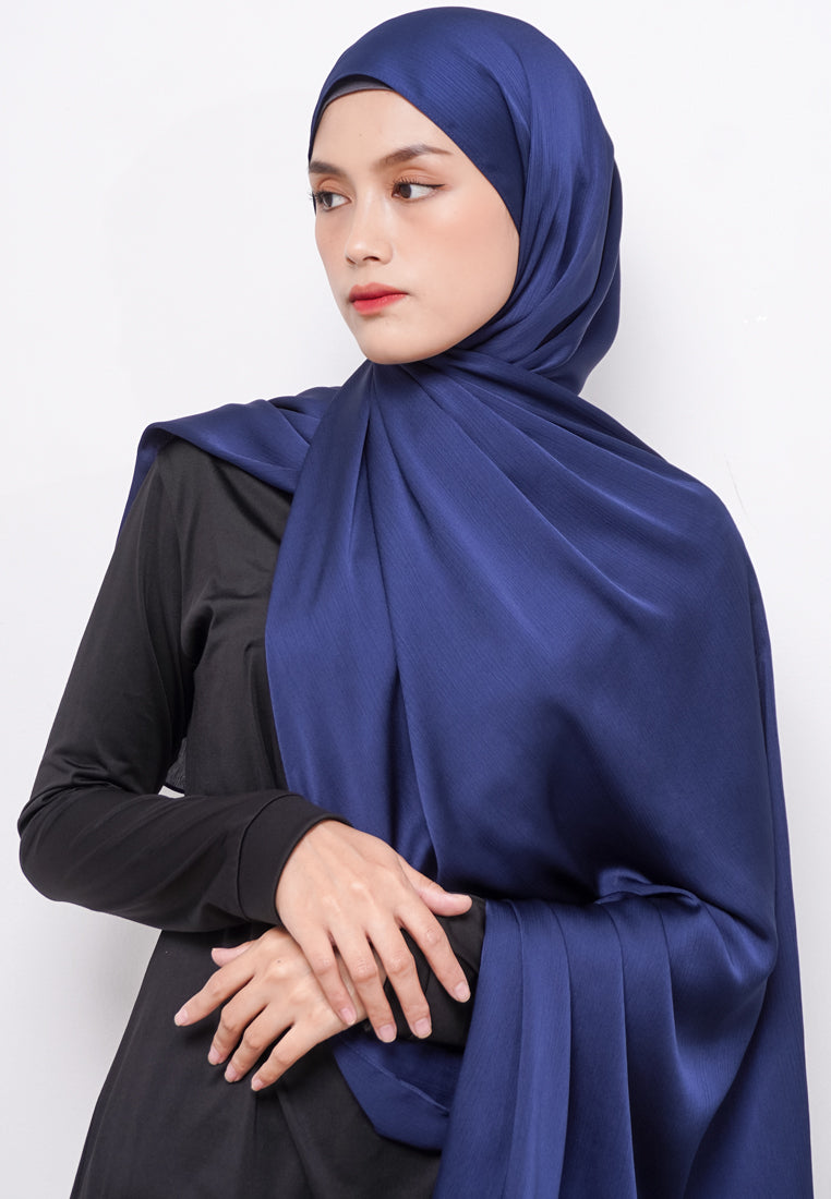 Daw Project DH075 Kerudung Pashmina Pasmina Phasmina Crinkle Satin Silk Premium Shawl Navy